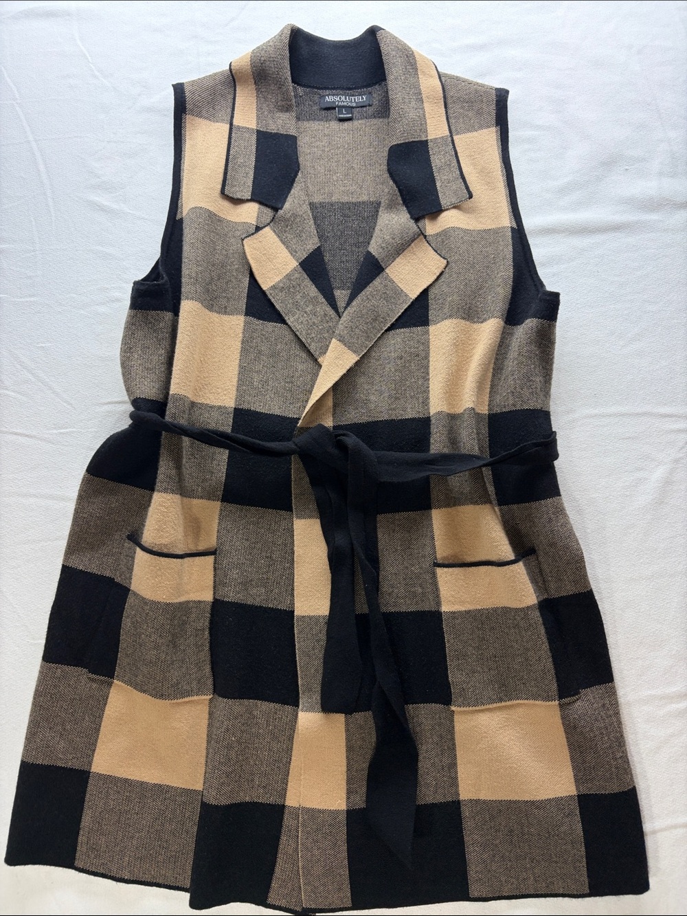 Absolutely Black and Tan Plaid Sleeveless Coat Vest